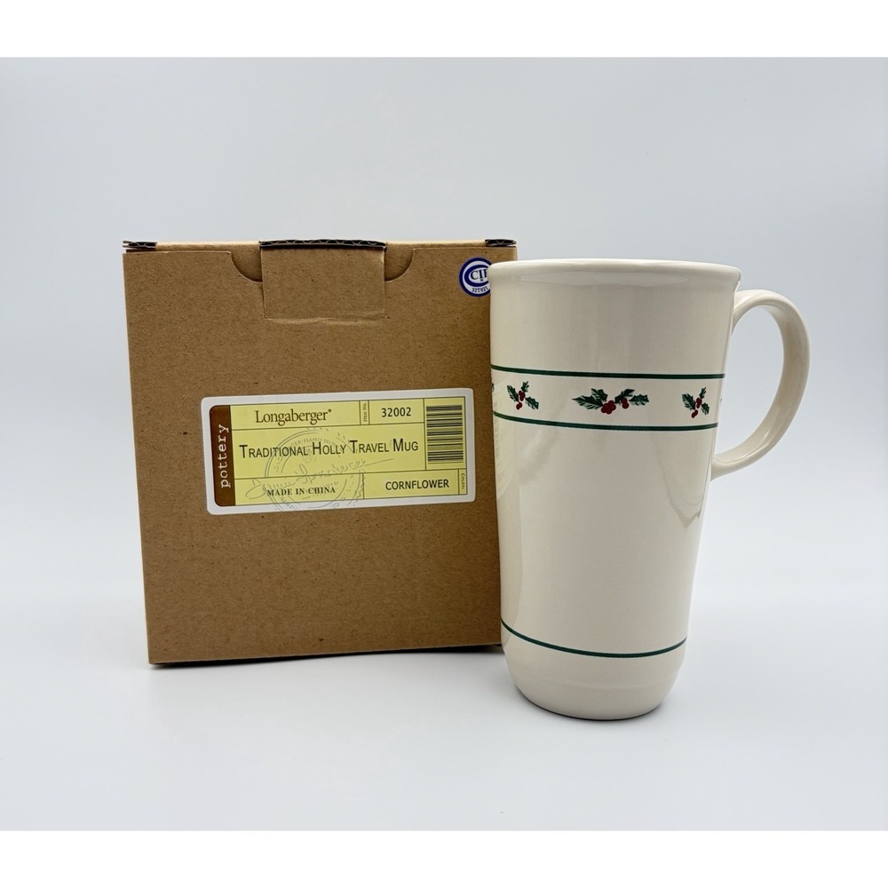 Longaberger Traditional Holly Ceramic Tall Mug Vintage Christmas 6.5" No Lid New